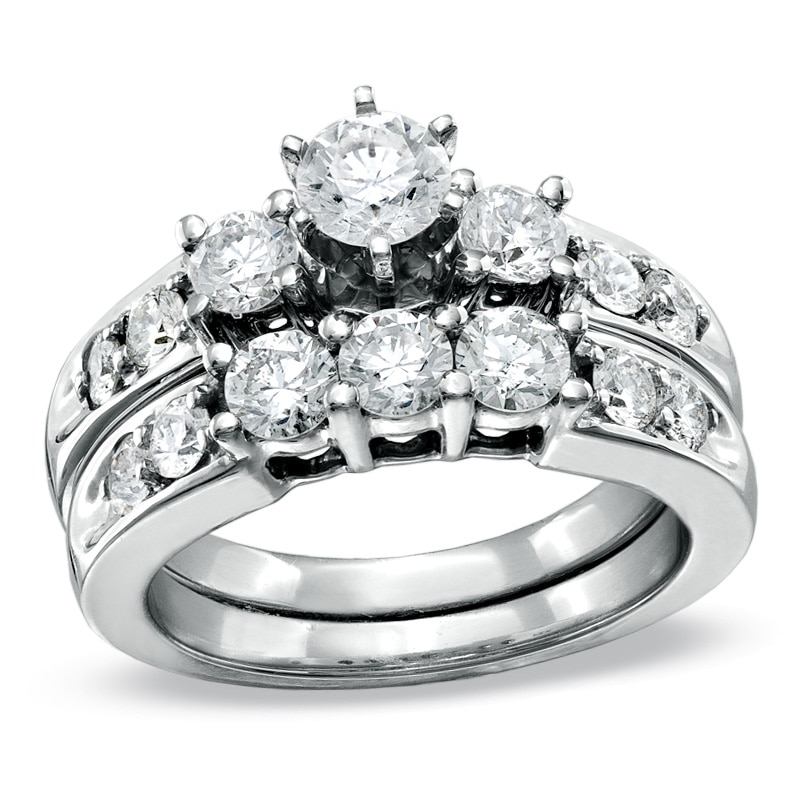 Main Image 1 of Previously Owned - 2 CT. T.W. Diamond Three Stone Bridal Set in 14K White Gold