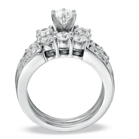 Previously Owned - 2 CT. T.w. Diamond Three Stone Bridal Set in 14K White Gold