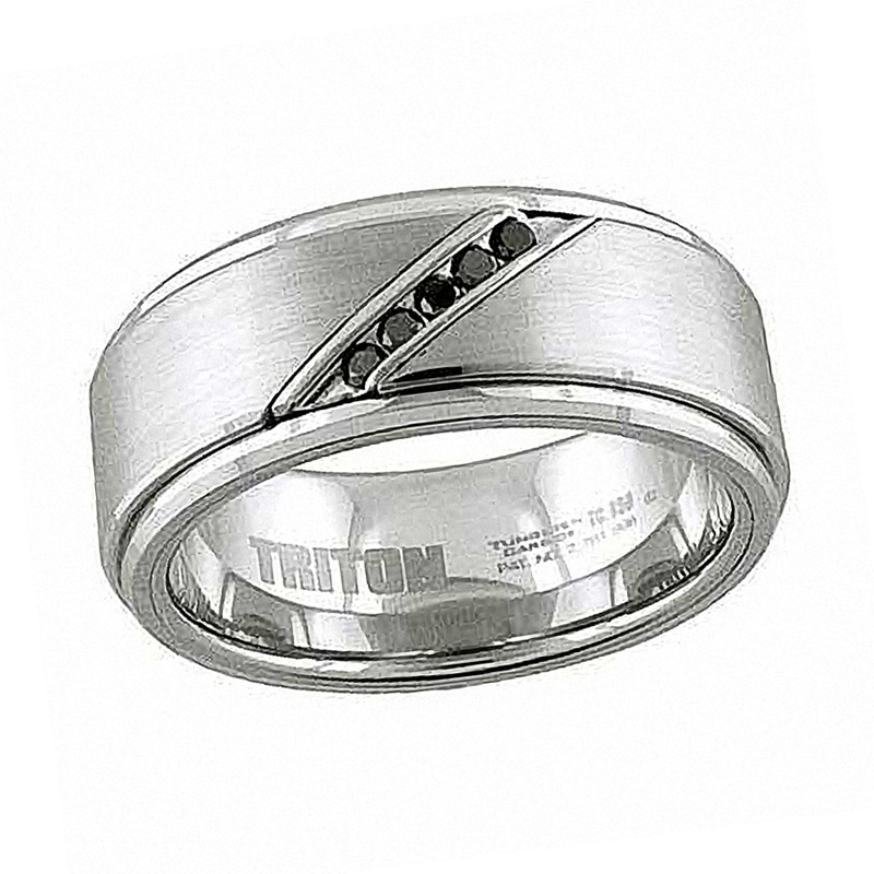 Main Image 1 of Previously Owned - Triton 1/10 CT. T.W. Black Diamond Slant Comfort Fit White Tungsten Wedding Band
