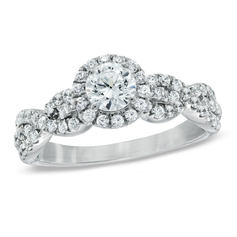 Main Image 1 of Previously Owned - Celebration Grand® 1 CT. T.W. Diamond Frame Twist Engagement Ring in 14K White Gold (I/I1)