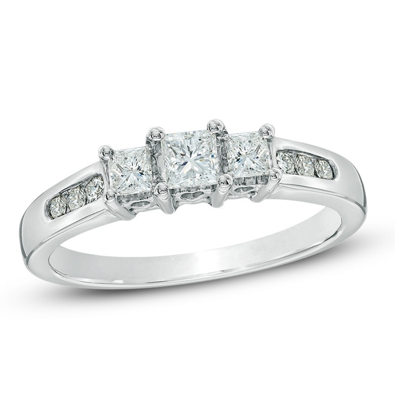 Main Image 1 of Previously Owned - 1/2 CT. T.W. Princess-Cut Diamond Past Present Future® Ring in 14K White Gold