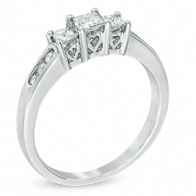 Main Image 2 of Previously Owned - 1/2 CT. T.W. Princess-Cut Diamond Past Present Future® Ring in 14K White Gold