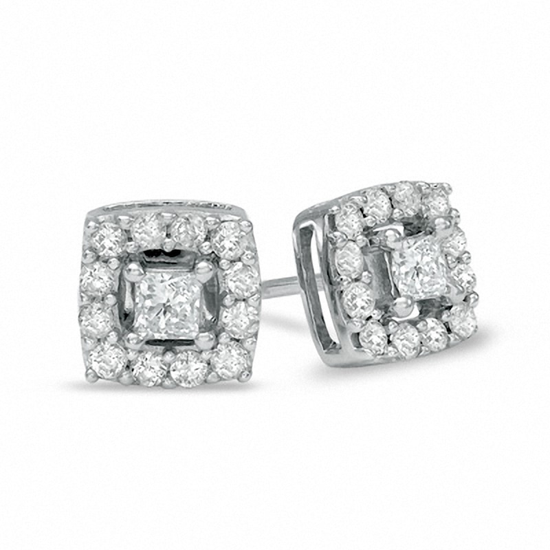 Previously Owned - 1/2 CT. T.W. Princess-Cut Diamond Frame Stud Earrings in 10K White Gold