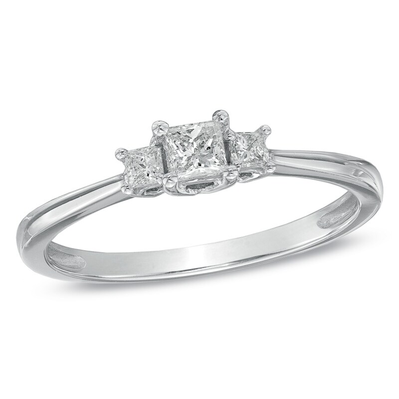 Main Image 1 of Previously Owned - 1/4 CT. T.W. Princess-Cut Diamond Three Stone Engagement Ring in 10K White Gold
