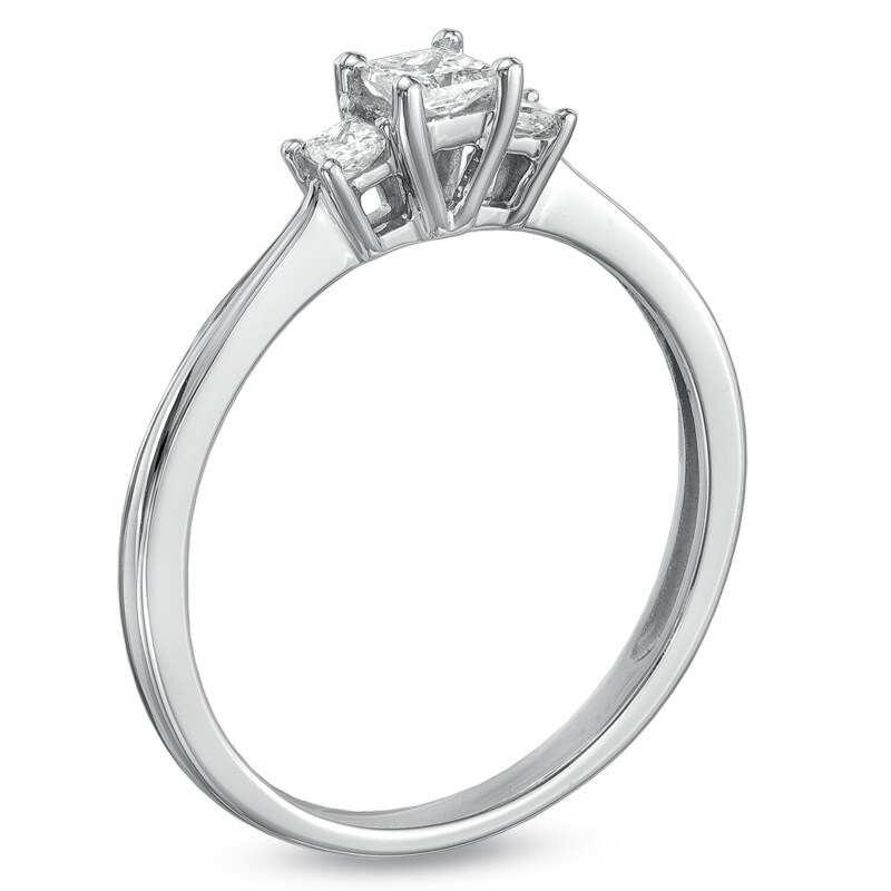 Main Image 2 of Previously Owned - 1/4 CT. T.W. Princess-Cut Diamond Three Stone Engagement Ring in 10K White Gold