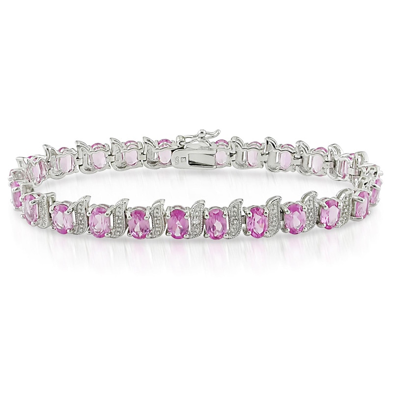 Main Image 1 of Previously Owned - Lab-Created Pink Sapphire and Diamond Accent Bracelet in Sterling Silver