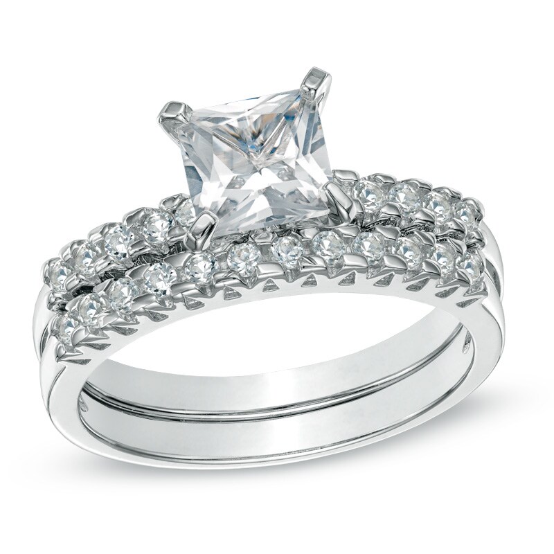 Main Image 1 of Previously Owned - 6.0mm Princess-Cut Lab-Created White Sapphire Fashion Ring Set in Sterling Silver