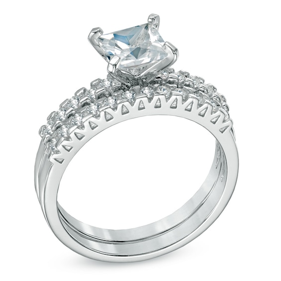 Previously Owned - 6.0mm Princess-Cut Lab-Created White Sapphire Fashion Ring Set in Sterling Silver Previously Owned - 6.0mm Princess-Cut Lab-Created White Sapphire Fashion Ring Set in Sterling Silver