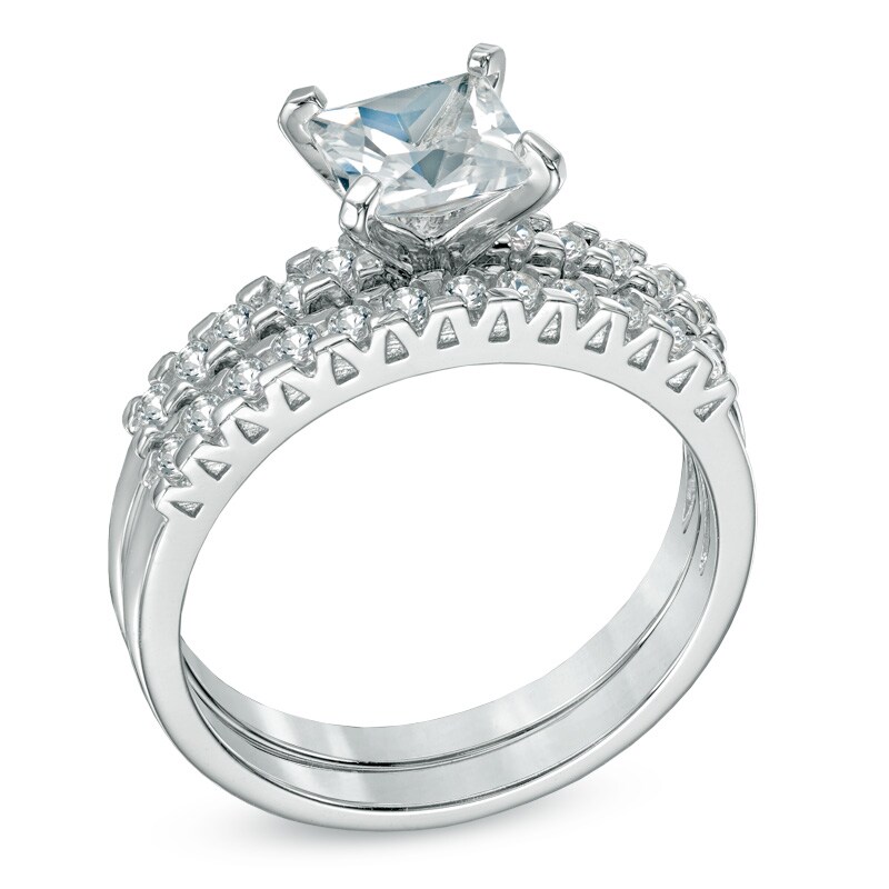 Main Image 2 of Previously Owned - 6.0mm Princess-Cut Lab-Created White Sapphire Fashion Ring Set in Sterling Silver