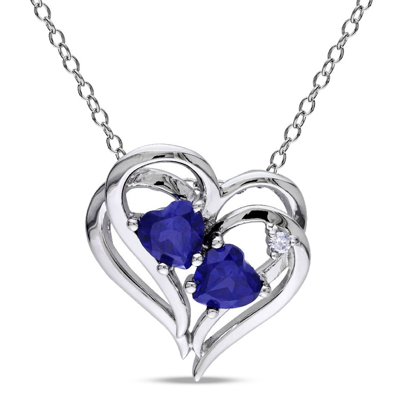 Main Image 1 of Previously Owned - Heart-Shaped Lab-Created Blue Sapphire and Diamond Accent Double Heart Pendant in Sterling Silver