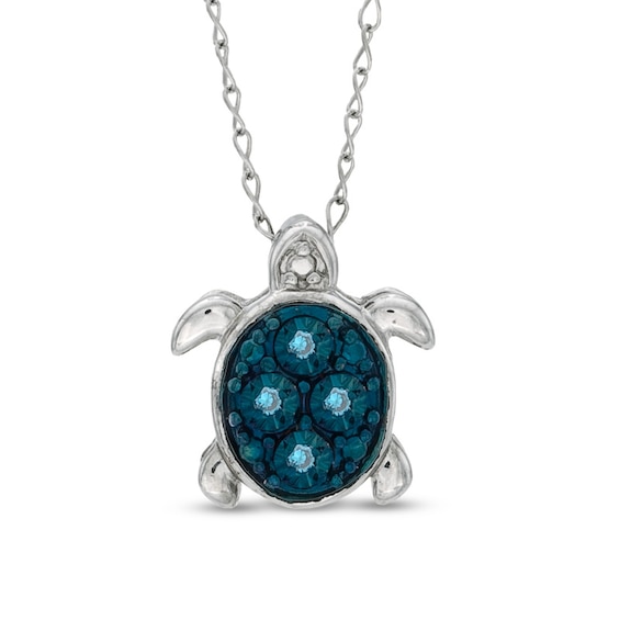 Previously Owned - Teenytiny® Enhanced Blue Diamond Accent Turtle Pendant in Sterling Silver - 17"
