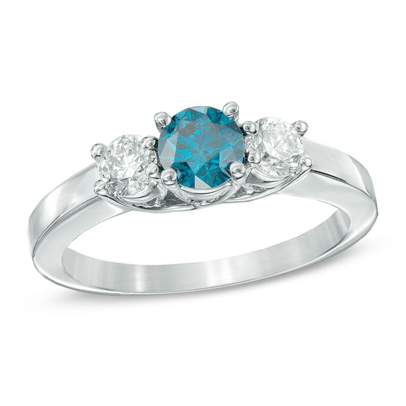 Main Image 1 of Previously Owned - 3/4 CT. T.W. Enhanced Blue and White Diamond Three Stone Ring in 14K White Gold
