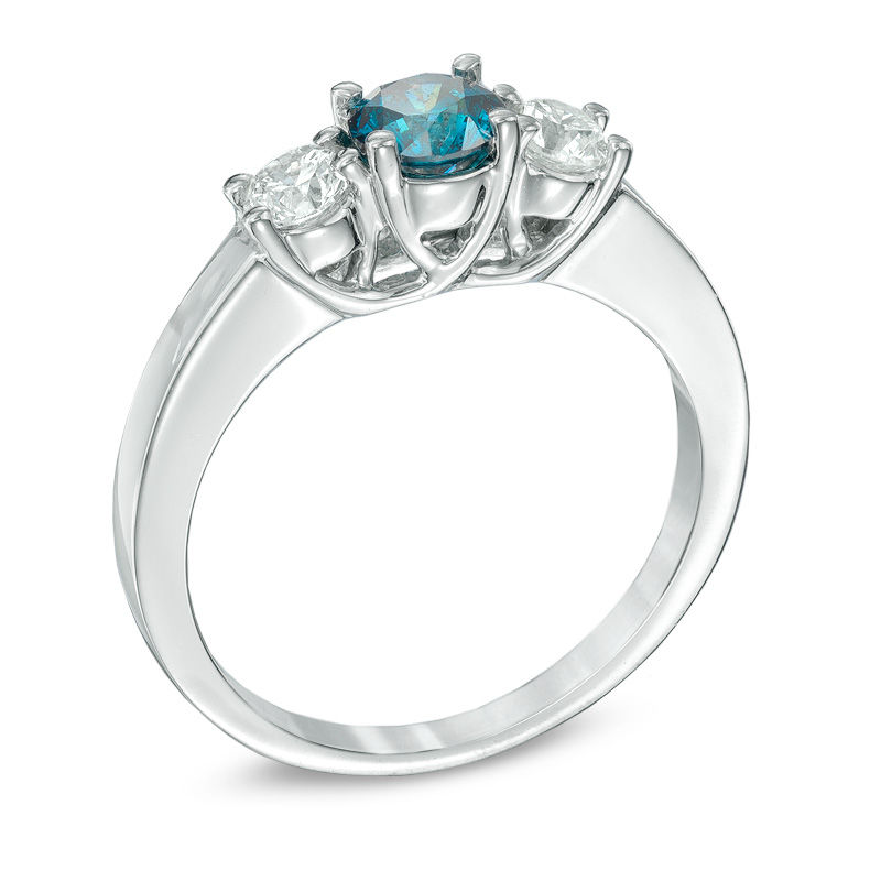 Main Image 2 of Previously Owned - 3/4 CT. T.W. Enhanced Blue and White Diamond Three Stone Ring in 14K White Gold