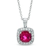 Thumbnail Image 1 of Previously Owned - 7.0mm Cushion-Cut Lab-Created Ruby and White Sapphire Frame Pendant in Sterling Silver