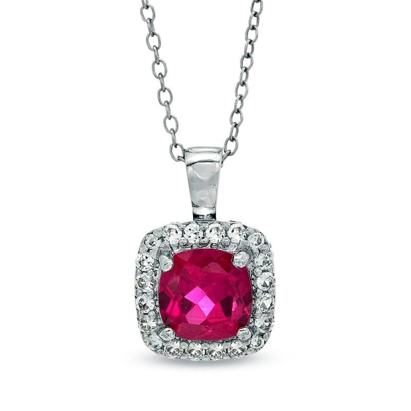 Main Image 1 of Previously Owned - 7.0mm Cushion-Cut Lab-Created Ruby and White Sapphire Frame Pendant in Sterling Silver