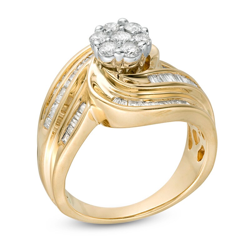 Main Image 2 of Previously Owned - 1 CT. T.W. Composite Diamond Frame Multi-Row Swirl Bypass Ring in 10K Gold