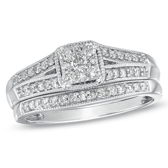 Previously Owned - 1/2 CT. T.w. Composite Princess-Cut Diamond Bridal Set in 10K White Gold