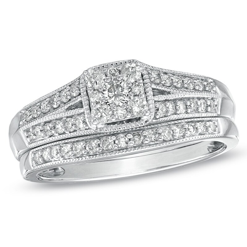 Main Image 1 of Previously Owned - 1/2 CT. T.W. Composite Princess-Cut Diamond Bridal Set in 10K White Gold