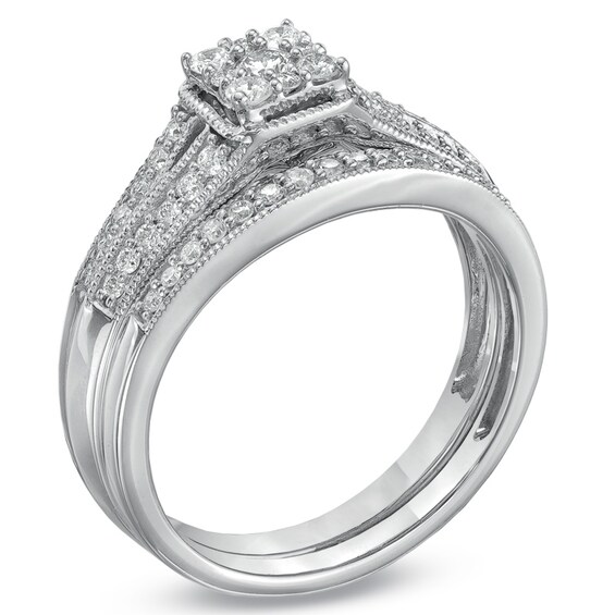 Previously Owned - 1/2 CT. T.w. Composite Princess-Cut Diamond Bridal Set in 10K White Gold