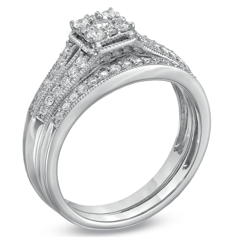Main Image 2 of Previously Owned - 1/2 CT. T.W. Composite Princess-Cut Diamond Bridal Set in 10K White Gold