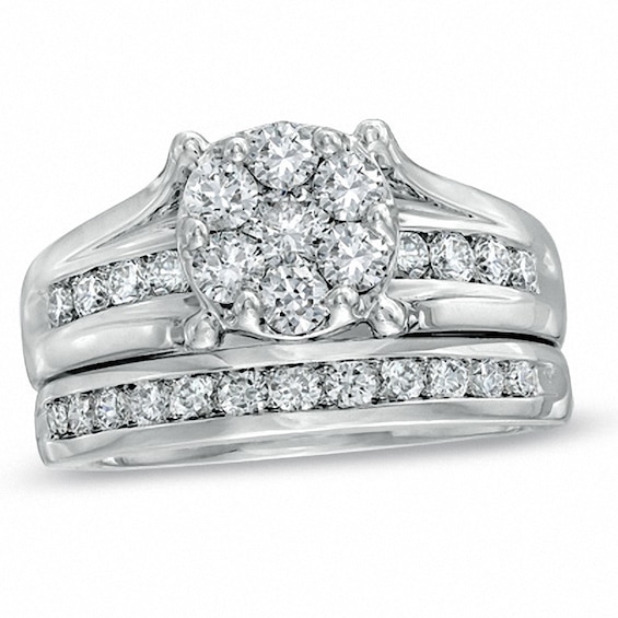 Previously Owned - 1-1/2 CT. T.W. Diamond Cluster Bridal Set in 14K White Gold Previously Owned - 1-1/2 CT. T.W. Diamond Cluster Bridal Set in 14K White Gold