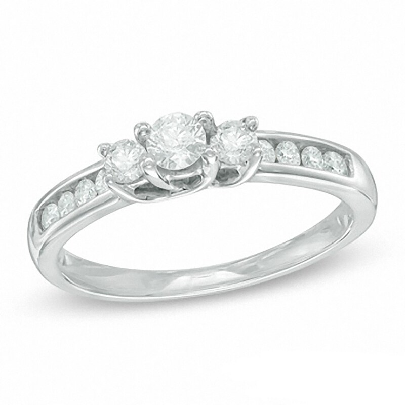 Main Image 1 of Previously Owned - 1/2 CT. T.W. Diamond Three Stone Engagement Ring in 10K White Gold