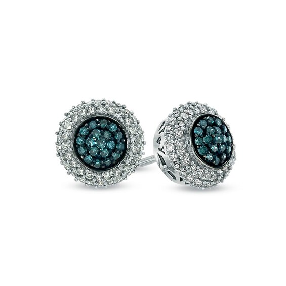 Previously Owned - 3/8 CT. T.w. Enhanced Blue and White Diamond Cluster Stud Earrings in 10K White Gold