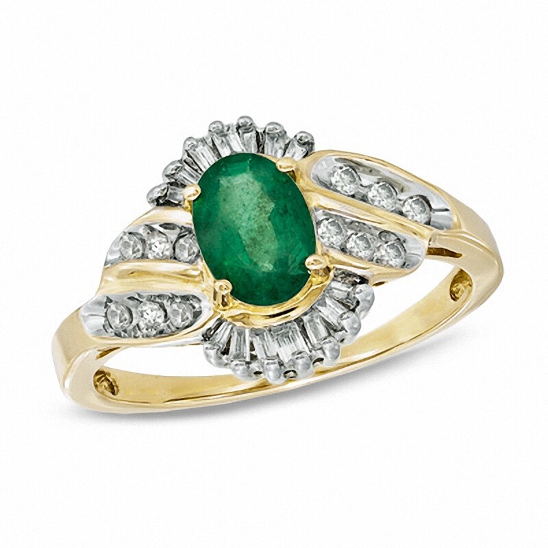 Main Image 1 of Previously Owned - Oval Emerald and 1/3 CT. T.W. Baguette and Round Diamond Ring in 14K Gold