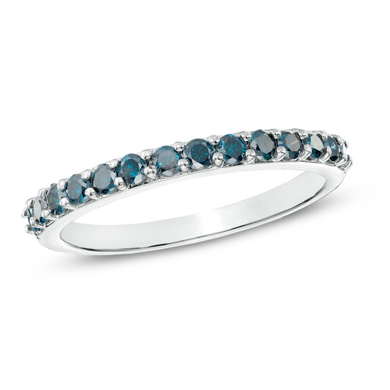 Main Image 1 of Previously Owned - 1/3 CT. T.W. Enhanced Blue Diamond Wedding Band in 14K White Gold