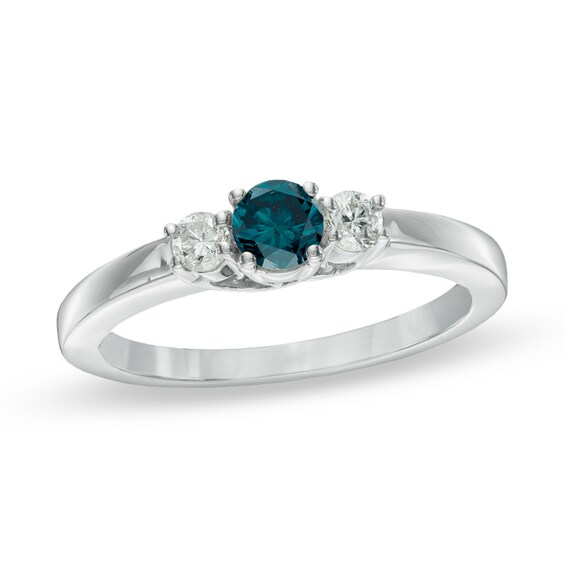 Previously Owned - 1/2 CT. T.W. Enhanced Blue and White Diamond Three Stone Ring in 14K White Gold Previously Owned - 1/2 CT. T.W. Enhanced Blue and White Diamond Three Stone Ring in 14K White Gold