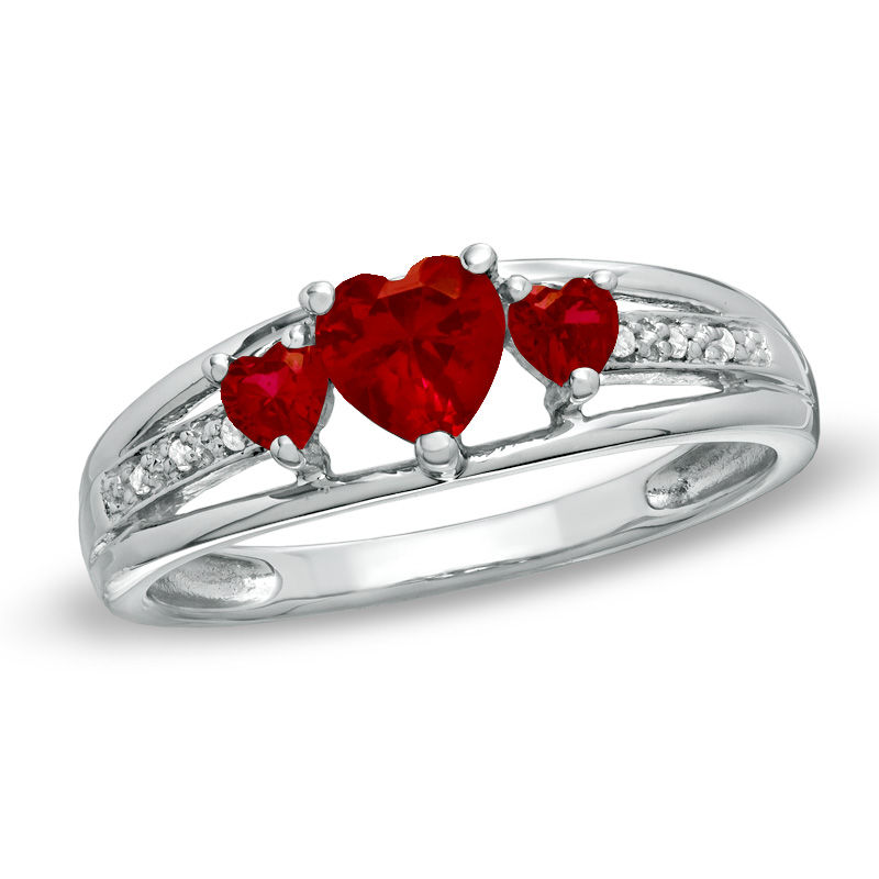 Previously Owned - Heart-Shaped Lab-Created Ruby Three Stone and Diamond Accent Ring in Sterling Silver