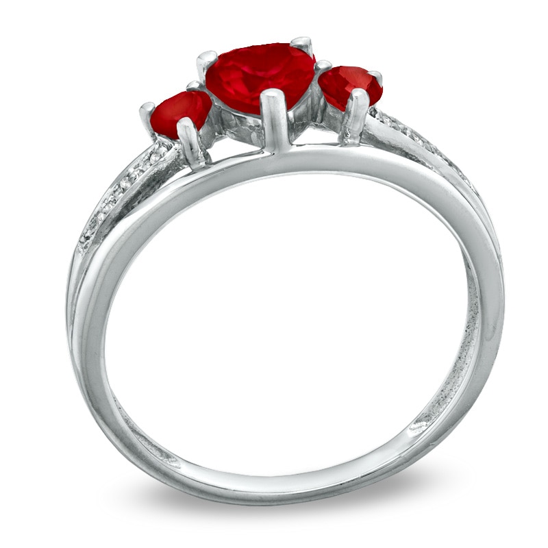 Previously Owned - Heart-Shaped Lab-Created Ruby Three Stone and Diamond Accent Ring in Sterling Silver