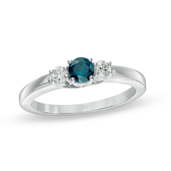 Previously Owned - 1-1/2 CT. T.W. Enhanced Blue and White Diamond Three Stone Ring in 14K White Gold Previously Owned - 1-1/2 CT. T.W. Enhanced Blue and White Diamond Three Stone Ring in 14K White Gold