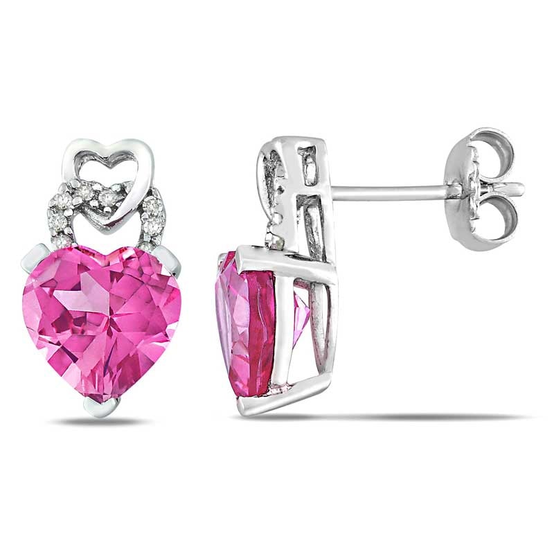 Main Image 1 of Previously Owned - 8.0mm Heart-Shaped Lab-Created Pink Sapphire and Diamond Accent Earrings in Sterling Silver