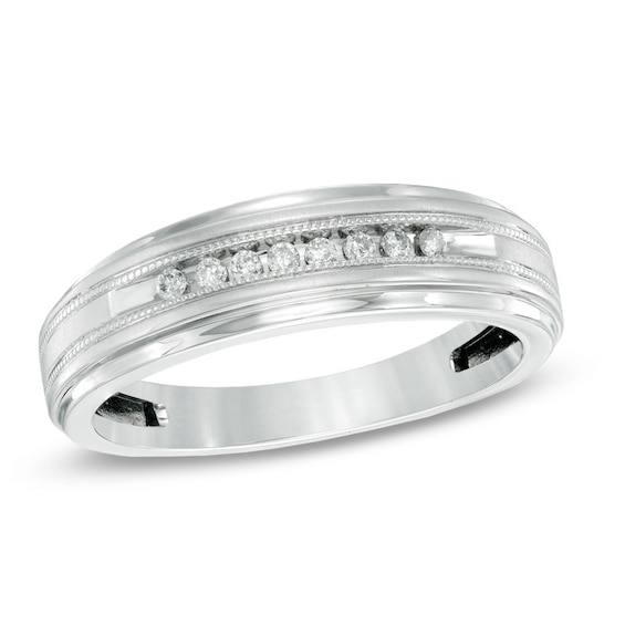 Previously Owned - Men's 1/10 CT. T.w. Diamond Milgrain Wedding Band in 10K White Gold
