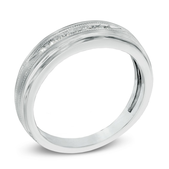 Previously Owned - Men's 1/10 CT. T.w. Diamond Milgrain Wedding Band in 10K White Gold