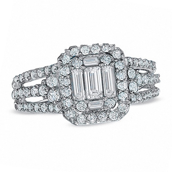 Previously Owned - 1-1/4 CT. T.w. Baguette Diamond Frame Engagement Ring in 14K White Gold