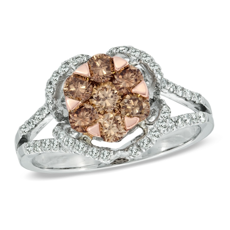 Main Image 1 of Previously Owned - 1-1/4 CT. T.W. Champagne and White Diamond Cluster Ring in 14K Two-Tone Gold