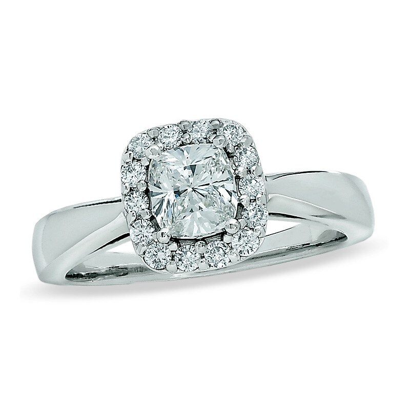 Main Image 1 of Previously Owned - Celebration Lux® 1 CT. T.W. Cushion-Cut Diamond Framed Engagement Ring in 18K White Gold (H-SI2)