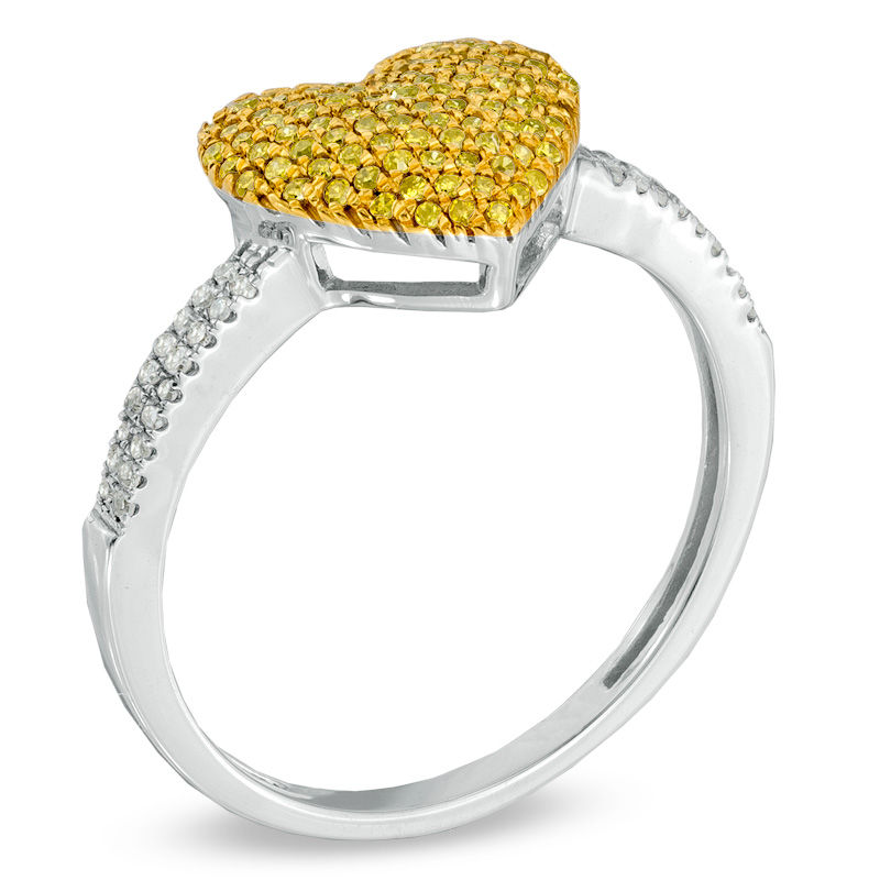Main Image 2 of Previously Owned - 1/4 CT. T.W. Enhanced Yellow and White Diamond Puffed Heart Ring in 10K White Gold
