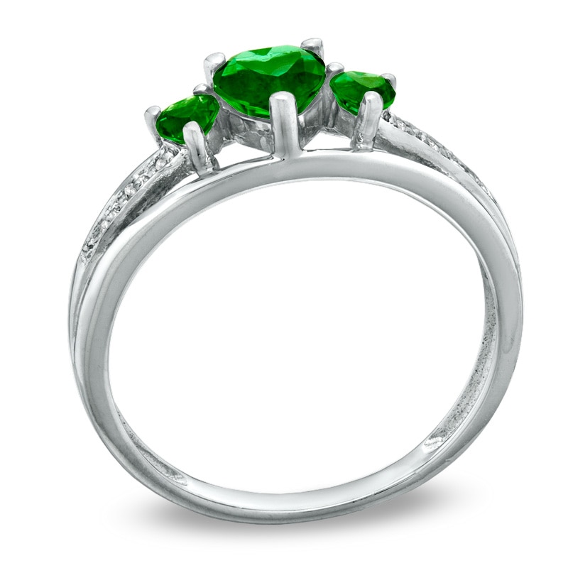 Main Image 2 of Previously Owned - Heart-Shaped Lab-Created Emerald Three Stone and Diamond Accent Ring in Sterling Silver