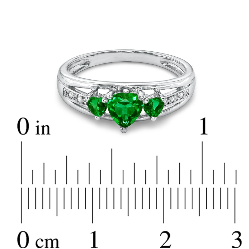Main Image 3 of Previously Owned - Heart-Shaped Lab-Created Emerald Three Stone and Diamond Accent Ring in Sterling Silver
