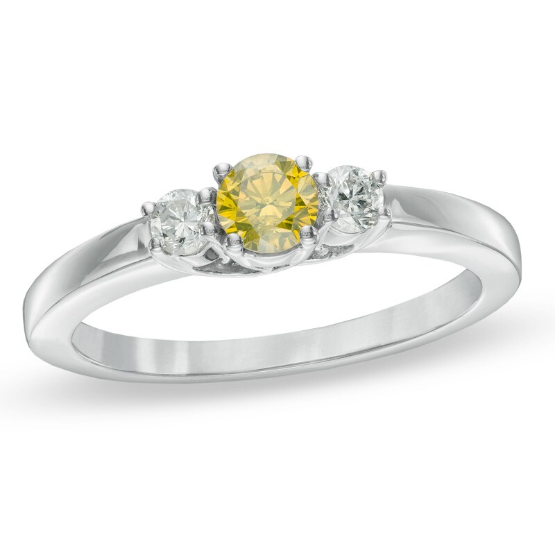 Main Image 1 of Previously Owned - 1/2 CT. T.W. Enhanced Yellow and White Diamond Three Stone Ring in 14K White Gold