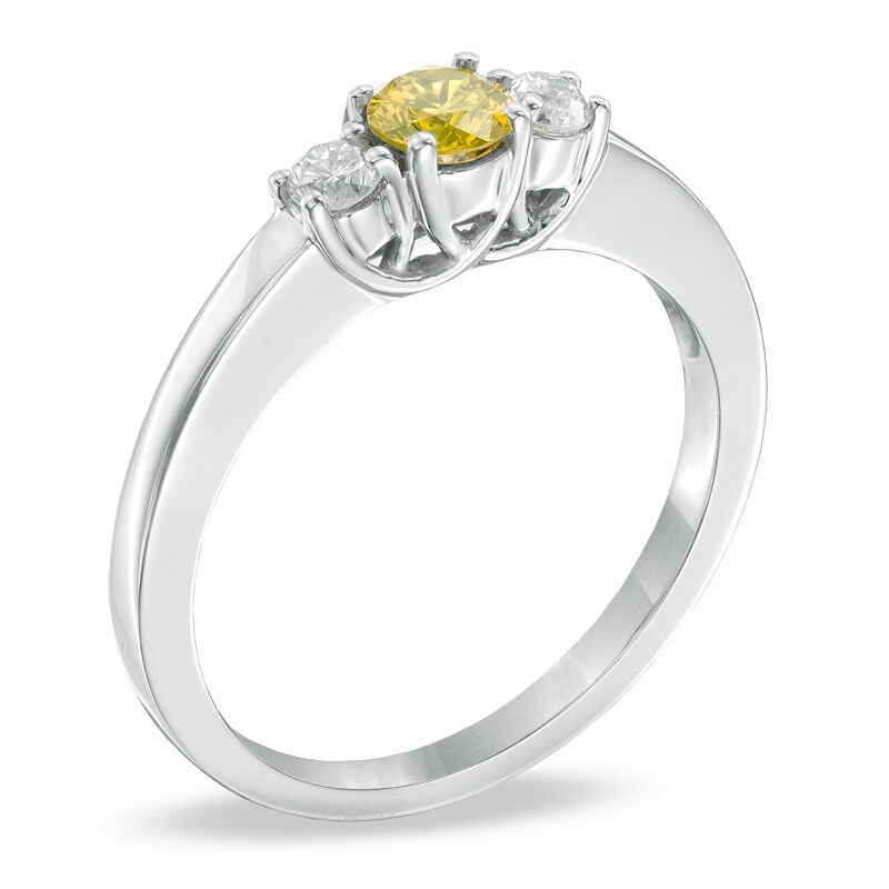 Main Image 2 of Previously Owned - 1/2 CT. T.W. Enhanced Yellow and White Diamond Three Stone Ring in 14K White Gold