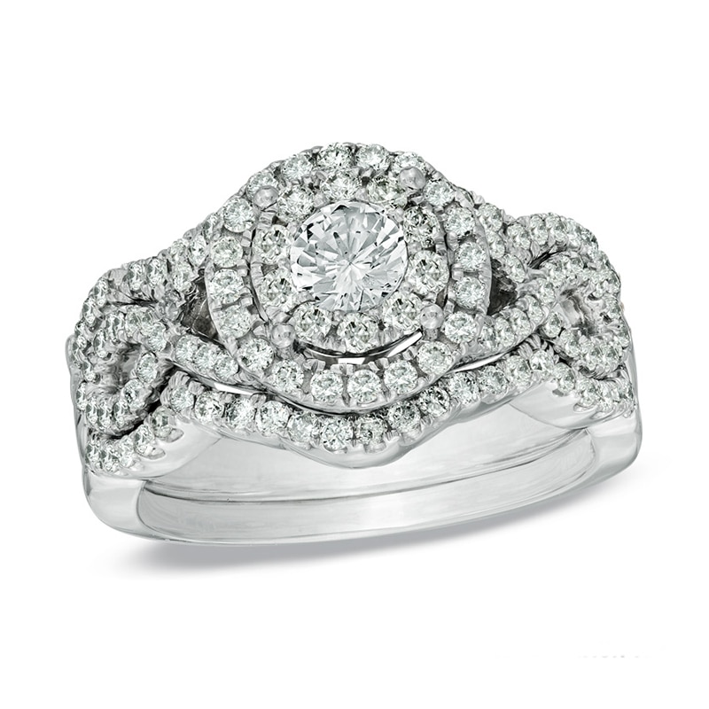 Main Image 1 of Previously Owned - 1-1/4 CT. T.W. Diamond Cluster Bridal Set in 14K White Gold