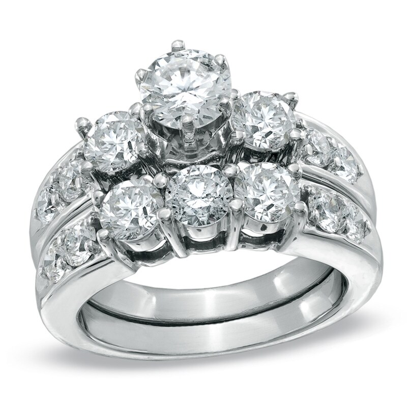 Main Image 1 of Previously Owned - 3 CT. T.W. Diamond Three Stone Bridal Set in 14K White Gold