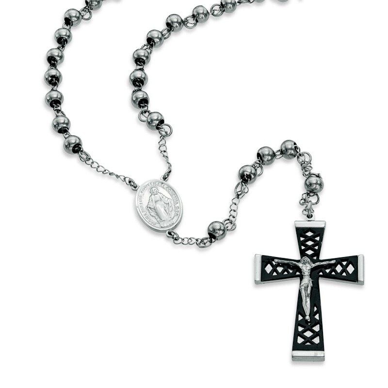 Previously Owned - Men's Rosary Necklace in Two-Tone Stainless Steel - 24"