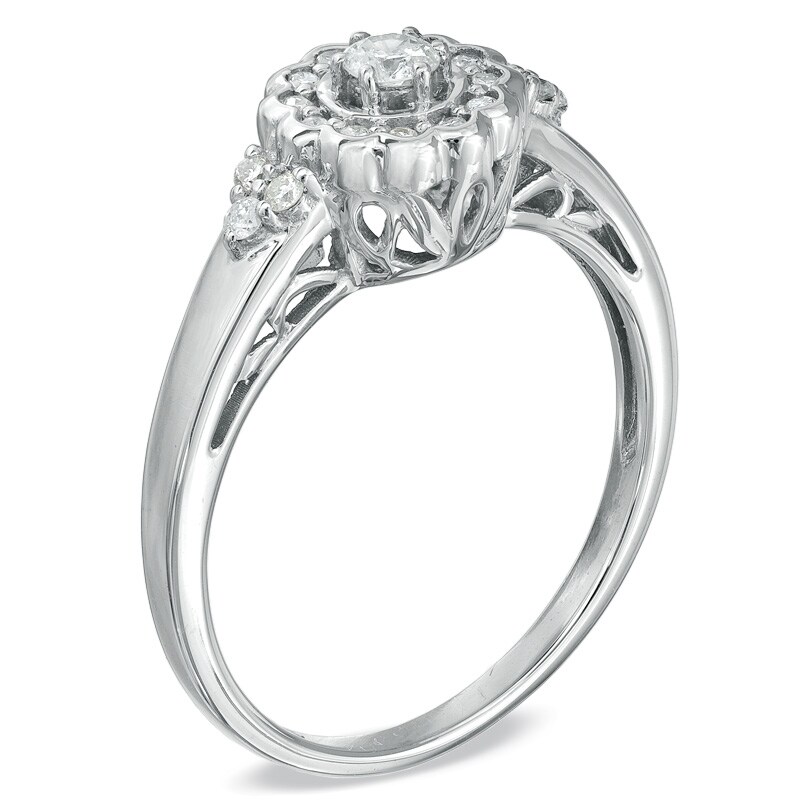Main Image 2 of Previously Owned - 1/5 CT. T.W. Diamond Flower Frame Promise Ring in Sterling Silver