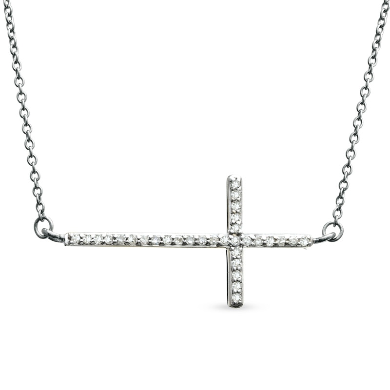 Previously Owned - 1/6 CT. T.W. Diamond Sideways Cross Necklace in 10K White Gold - 17"