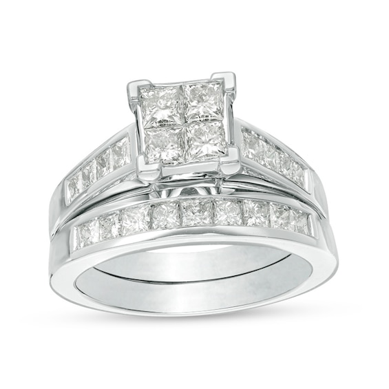 Previously Owned - 2 CT. T.w. Quad Princess-Cut Diamond Bridal Set in 14K White Gold